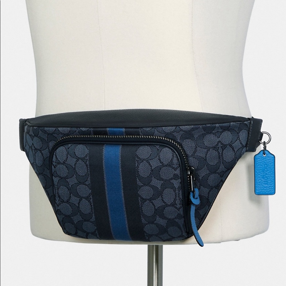 NWT Coach Thompson Belt Bag In Signature Jacquard With Varsity Stripe. Blue/navy